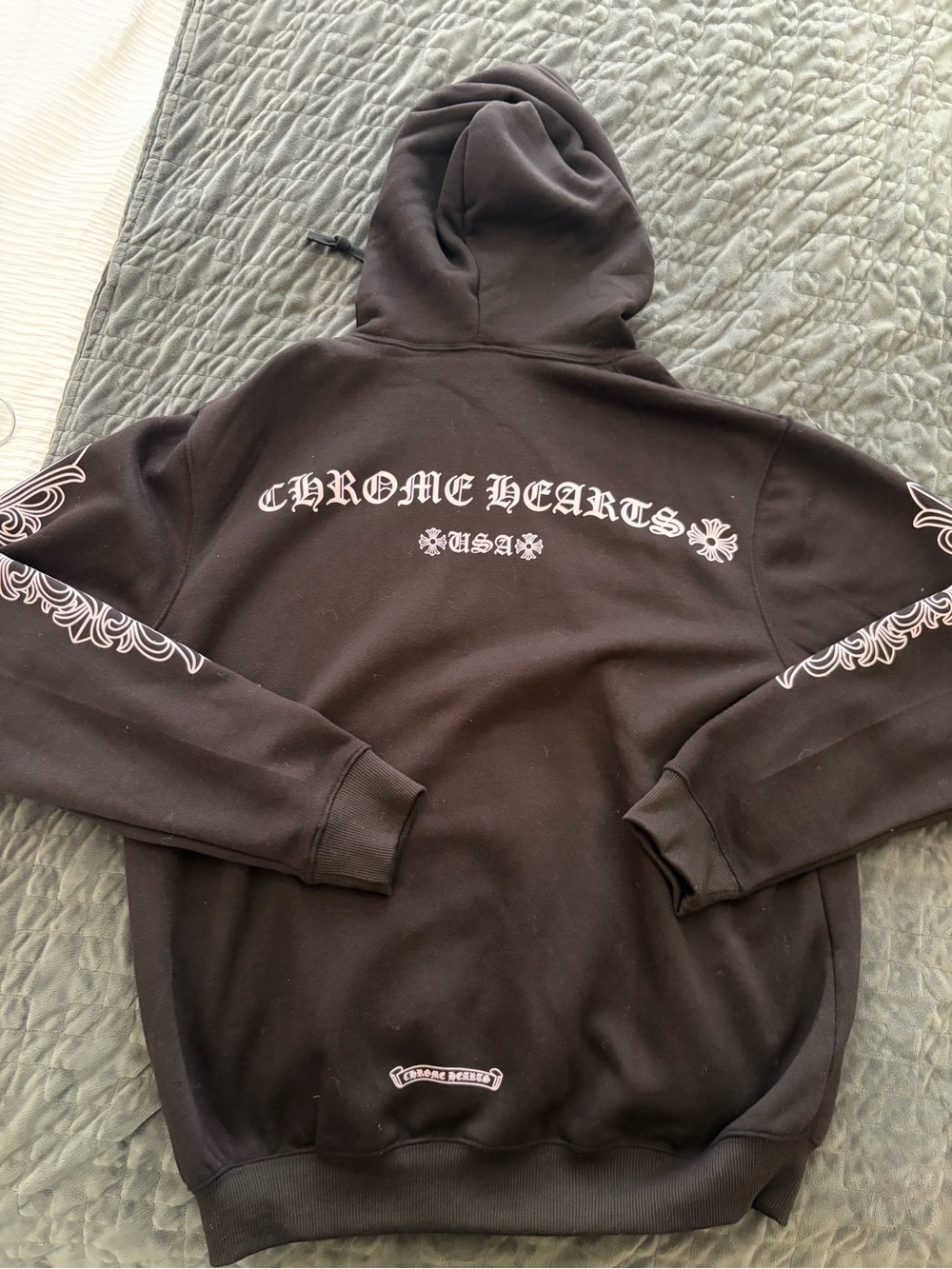 Chrome Hearts USA Black Crewneck Hoodie with White /Light Pinkish Logo Print